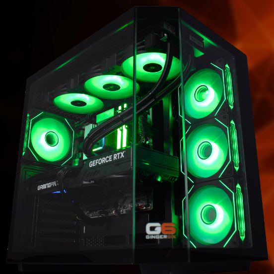 Ginger6 Nvidia RTX 5070 Ti gaming PC hand-built in Wolverhampton, shown with clean cable management and tempered glass panel