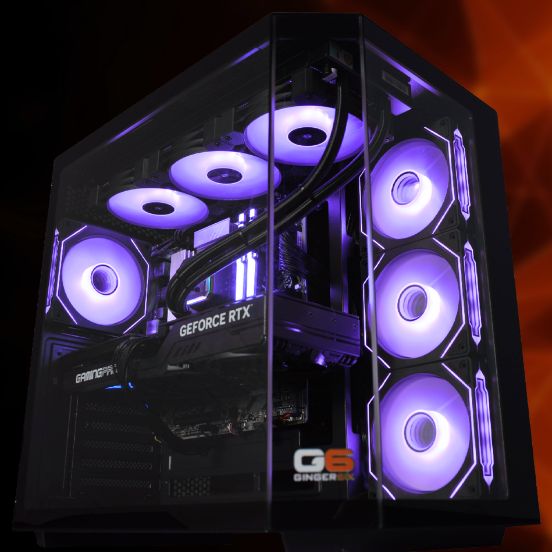 Ginger6 Nvidia RTX 5080 gaming PC hand-built in Wolverhampton, shown with clean cable management and tempered glass panel