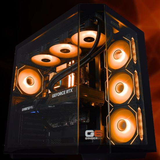 Ginger6 Nvidia RTX 5090 gaming and content creation PC hand-built in Wolverhampton, shown in a professional workstation setup