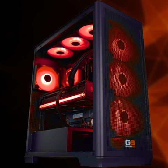 AMD Radeon gaming PC built by Ginger6 in Wolverhampton, shown with RGB lighting and a tempered glass panel