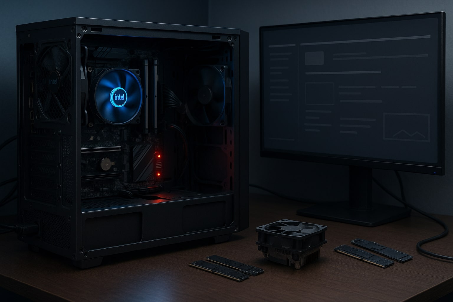 A gaming desktop PC paused in diagnostic mode after an Intel hardware upgrade, showcasing new components like a CPU cooler, RAM, and SSD, with side panel removed and BIOS-related LEDs visible, while a monitor displays a blank firmware-like screen in a technical, troubleshooting environment.