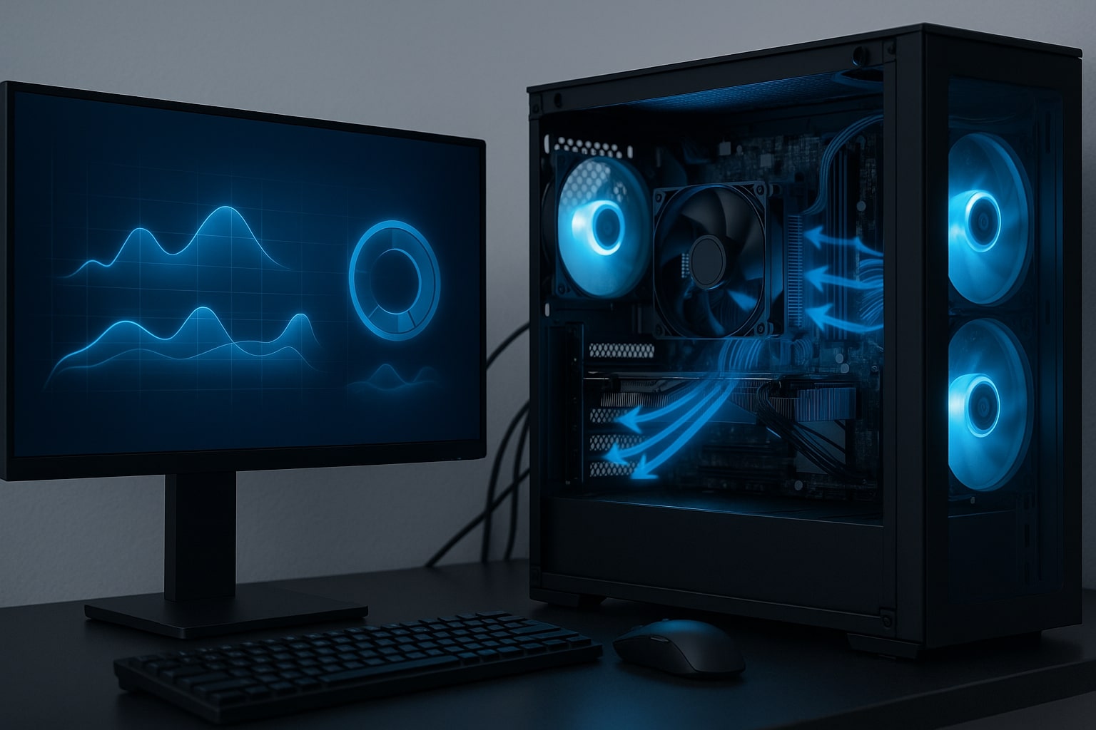 Modern Intel gaming PC setup showing a close-up of the processor area with visible cooling and airflow, set in a clean, professional gaming environment. The monitor displays abstract performance visuals, highlighting the relationship between Intel CPU core count and gaming performance.