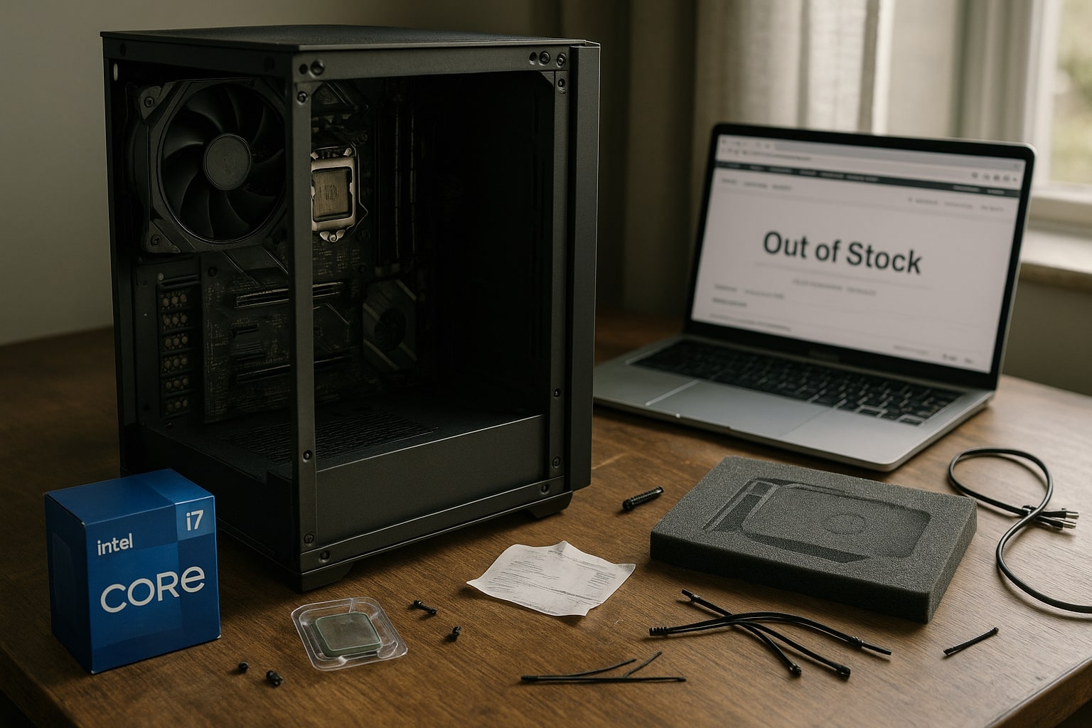 Unassembled gaming PC case on cluttered desk showing empty spots for Intel CPU and GPU, open empty Intel Core i7 box, dust outline in anti-static foam, scattered parts, and a laptop displaying an out-of-stock retailer page in soft daylight.