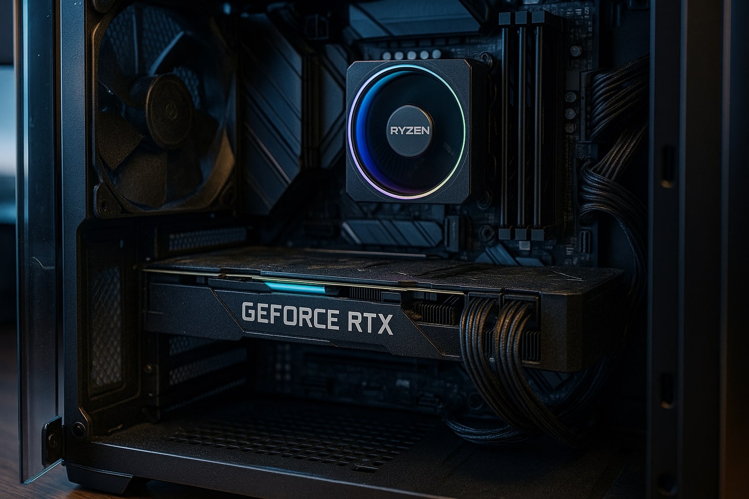 Inside a Ginger6 AMD Ryzen 9 gaming PC build showing RTX GPU, neat cable routing, and RGB-lit components through a tempered glass panel
