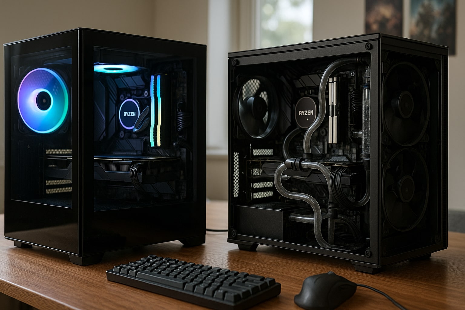 Two high-end Ryzen 9 gaming PCs side by side: a sleek prebuilt on the left with uniform RGB lighting, and a custom build on the right featuring unique components, visible cabling, custom water cooling, and real-world usage details, displayed on a wooden desk with gaming peripherals.