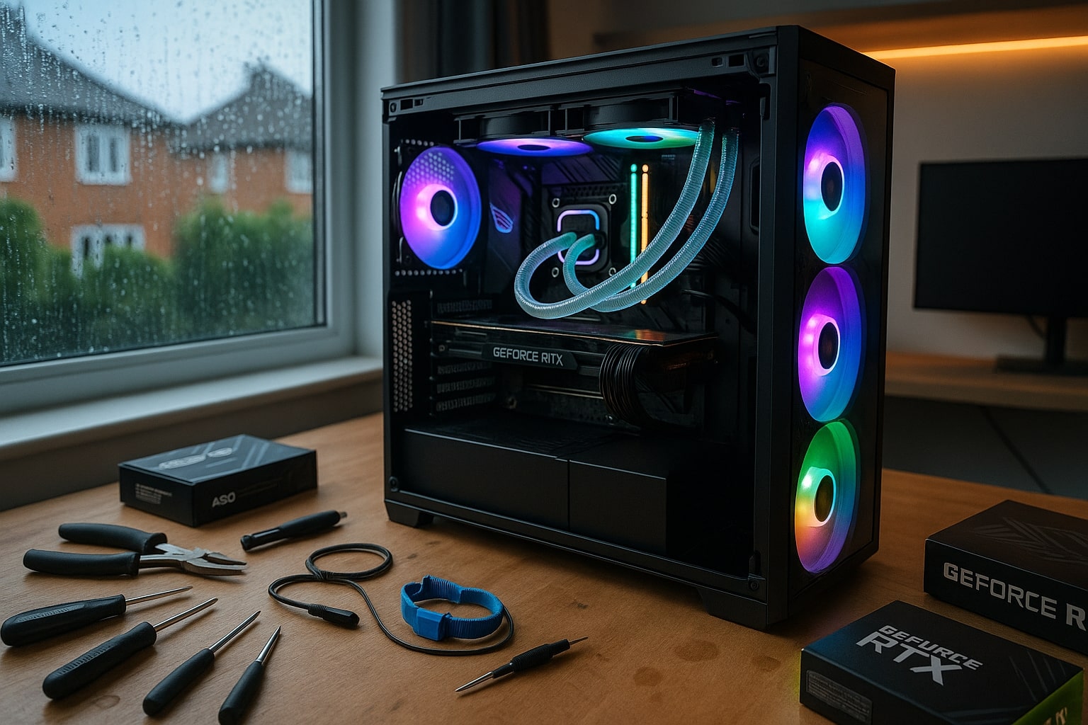 A modern UK workspace with a high-end gaming rig being assembled, open case glowing with RGB lights, organized components, liquid cooling tubes, tools, and component boxes on a wooden desk. Rainy window, cozy LED lights, and authentic gaming culture details fill the background.