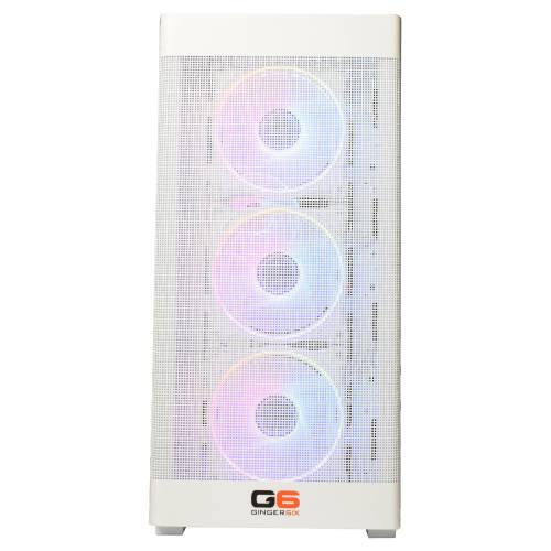 Front view of the G6 Storm X3, Vida Zephyr White tempered glass panel showing the RTX 5060 Ti