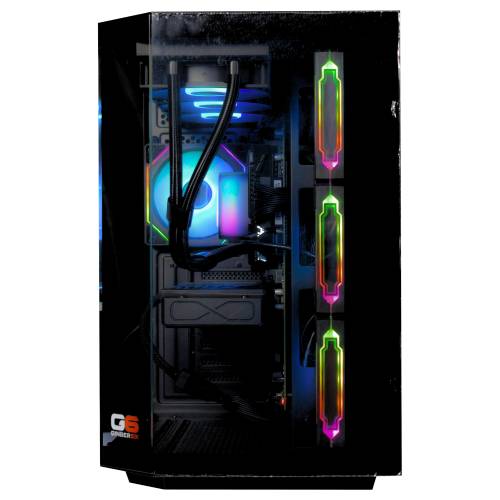 Front view of the G6 Apex 3 Radeon, Vida Solus tempered glass panel showing the 360mm radiator and ARGB cooling