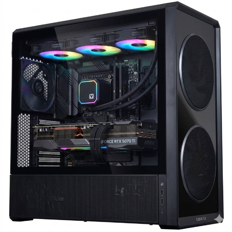 G6 Apex 5, interior view showing the RTX 5080 on the AM5 board with the 360mm AIO inside the Lian Li 217 case