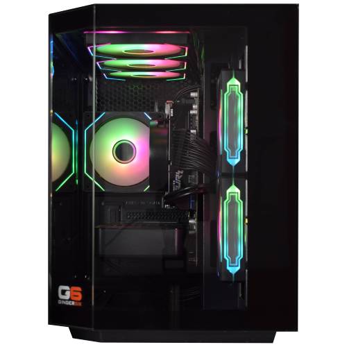 Interior of the G6 Fusion 1200 X4, RX 9070 XT 16GB seated on the Gigabyte A620M H with the Ryzen 9 7900 on the Wraith cooler