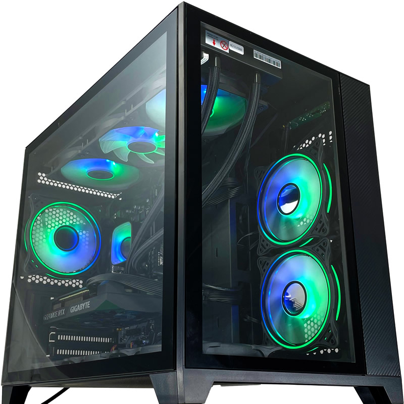 Front view of the G6 Typhoon X5, Vida Akira Black tempered glass panel showing the 360mm AIO and the RTX 5070 Ti