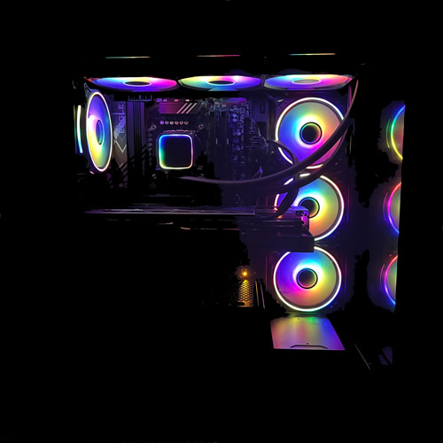 Cable management detail behind the motherboard tray of the G6 Galactic U3, fully modular Corsair RM850e cabling sized for the 14900KF 24-core all-core draw alongside the Nvidia RTX 5080