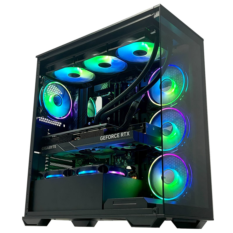 Front view of the G6 Apex 3 Nvidia, Vida Solus tempered glass panel showing the 360mm radiator and ARGB cooling around the RTX 5070
