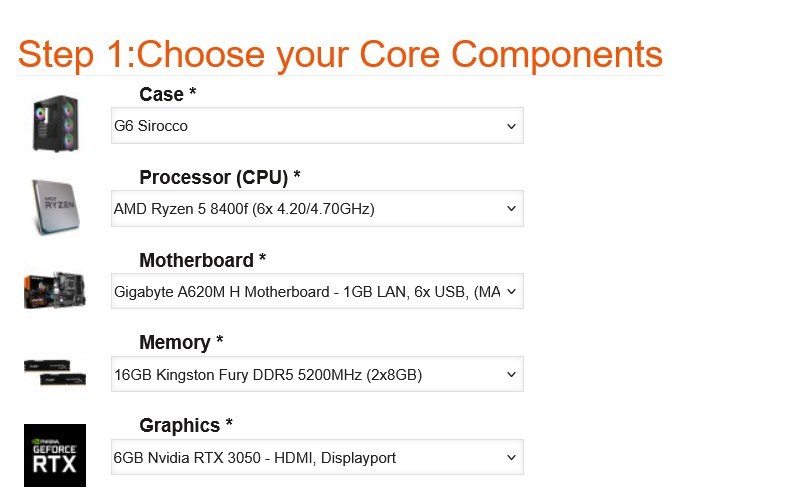Step 1 Core Components of the AMD Custom Built Gaming PC configurator, showing Case, Processor, Motherboard, Memory, and Graphics dropdowns