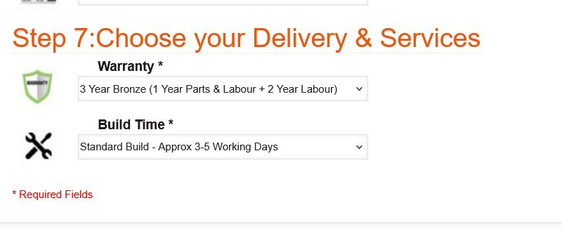 Step 7 Delivery and Services of the AMD Custom Built Gaming PC configurator, showing Warranty and Build Time dropdowns