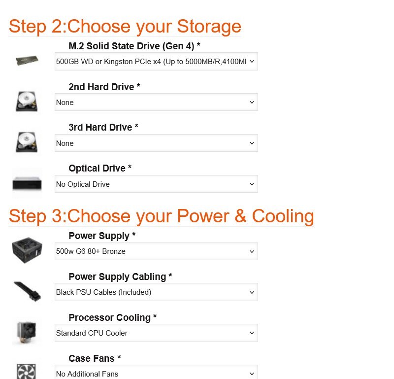 Steps 2 (Storage) and 3 (Power and Cooling) of the AMD Custom Built Gaming PC configurator