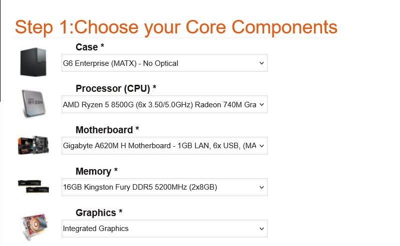 Step 1 Core Components of the AMD Performance Custom Built PC configurator, showing the office chassis, APU CPU, and integrated graphics defaults
