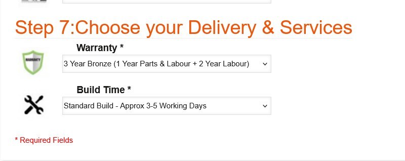 Step 7 Delivery and Services of the AMD Performance Custom Built PC configurator, showing Warranty and Build Time dropdowns