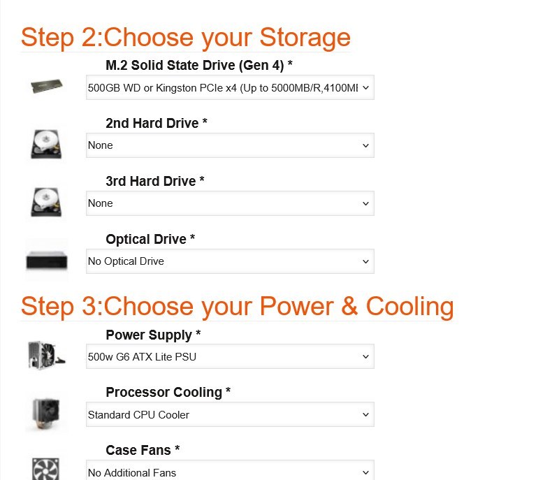Steps 2 (Storage) and 3 (Power and Cooling) of the AMD Performance Custom Built PC configurator, showing the office-grade ATX Lite PSU default