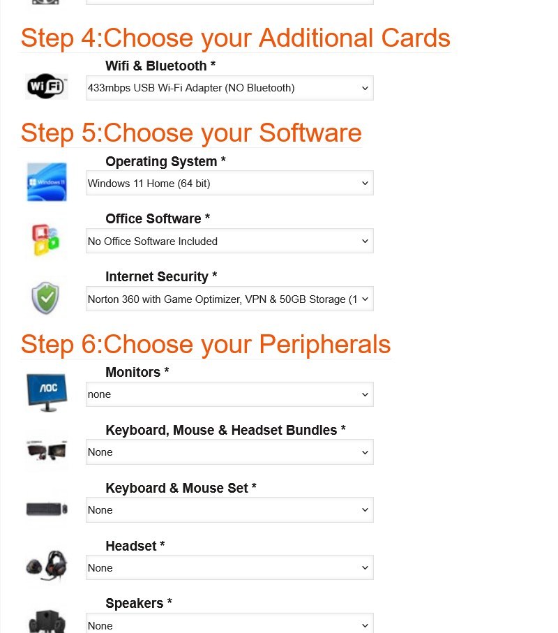 Steps 4 (Additional Cards), 5 (Software), and 6 (Peripherals) of the AMD Performance Custom Built PC configurator