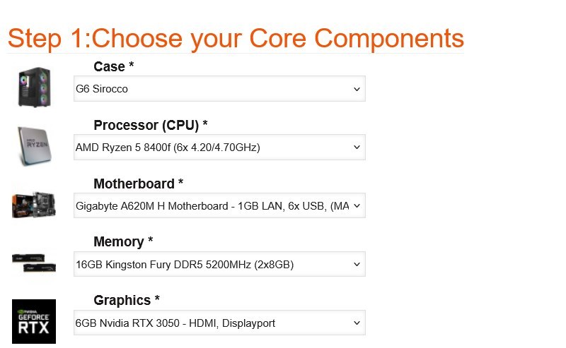 Step 1 Core Components of the AMD Ryzen 7000 Custom Gaming PC configurator, showing Case, Processor, Motherboard, Memory, and Graphics dropdowns