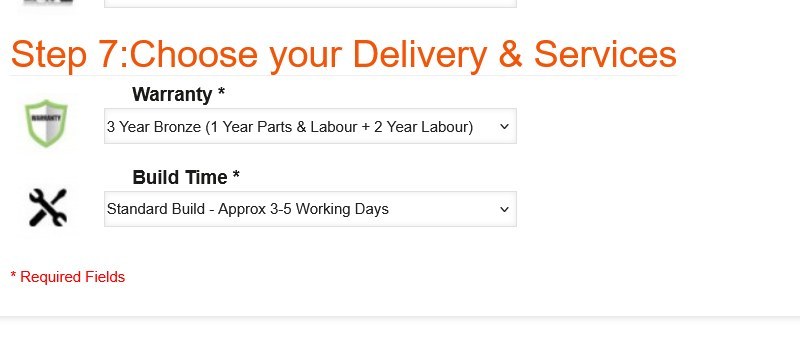 Step 7 Delivery and Services of the AMD Ryzen 7000 Custom Gaming PC configurator, showing Warranty and Build Time dropdowns