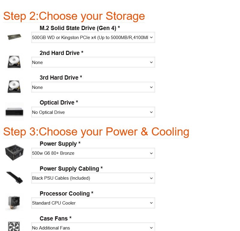 Steps 2 (Storage) and 3 (Power and Cooling) of the AMD Ryzen 7000 Custom Gaming PC configurator