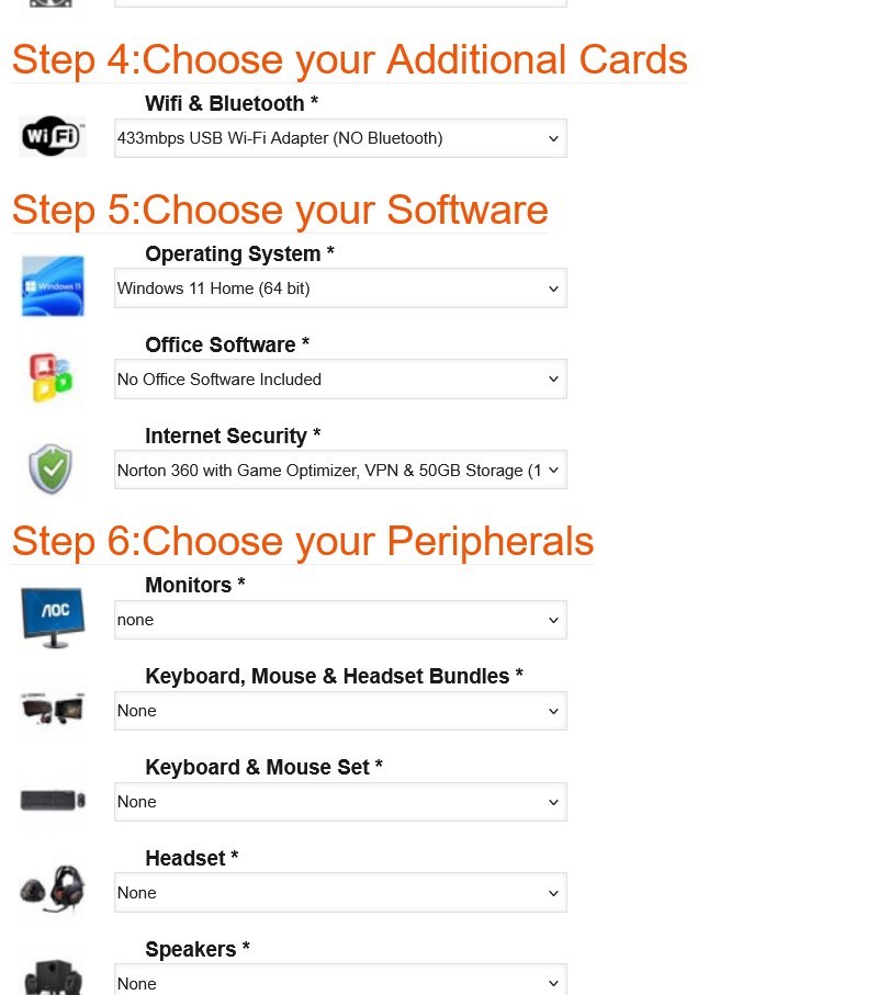 Steps 4 (Additional Cards), 5 (Software), and 6 (Peripherals) of the AMD Ryzen 7000 Custom Gaming PC configurator