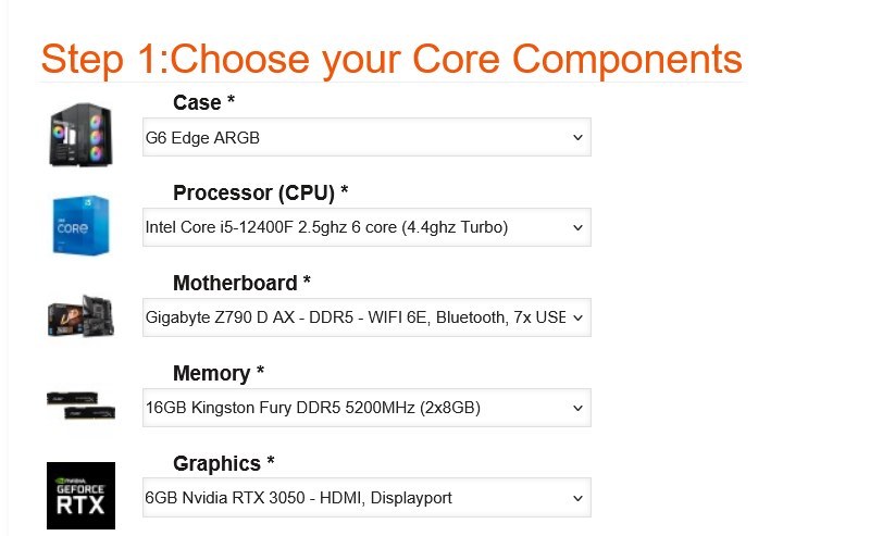 Step 1 Core Components of the Intel Z790 DDR5 Custom Gaming PC configurator