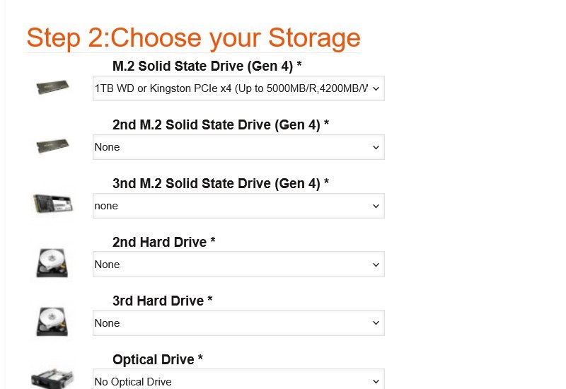 Step 2 Storage of the Intel Z790 DDR5 Custom Gaming PC configurator