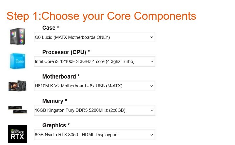 Step 1 Core Components of the Intel Custom Gaming PC configurator, showing Case, Processor, Motherboard, Memory, and Graphics dropdowns