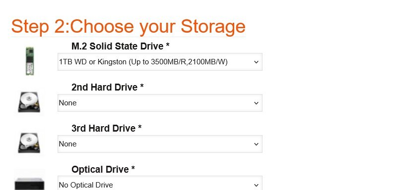 Step 2 Storage of the Intel Custom Gaming PC configurator, showing M.2 SSD, additional drives, and optical drive dropdowns