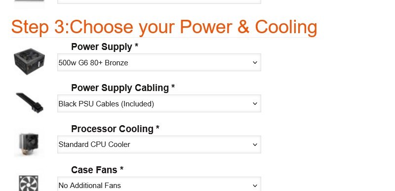 Step 3 Power and Cooling of the Intel Custom Gaming PC configurator, showing PSU, cabling, CPU cooler, fans, and lighting dropdowns