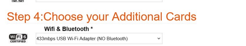 Step 4 Additional Cards of the Intel Custom Gaming PC configurator, showing Wi-Fi and Bluetooth, plus PCI-E Slot 2 dropdowns