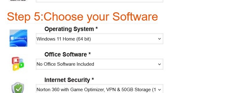 Step 5 Software of the Intel Custom Gaming PC configurator, showing Operating System, Office, and Internet Security dropdowns