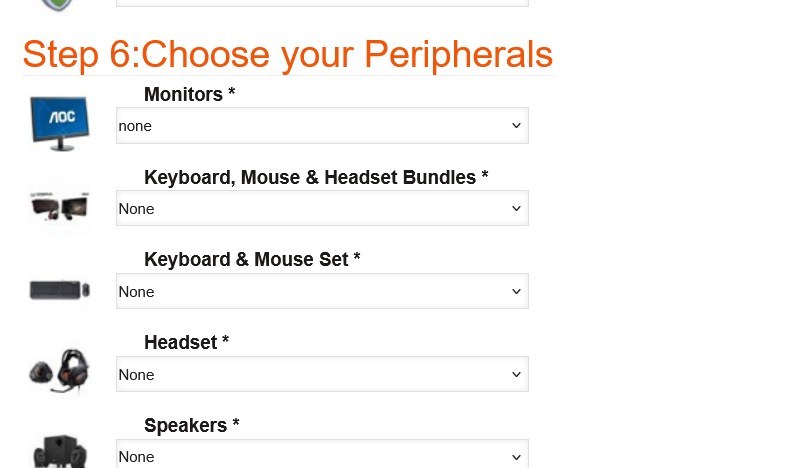 Step 6 Peripherals of the Intel Custom Gaming PC configurator, showing monitor, keyboard, mouse, headset, and speaker dropdowns