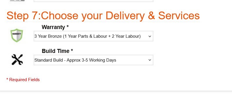 Step 7 Delivery and Services of the Intel Custom Gaming PC configurator, showing Warranty and Build Time dropdowns