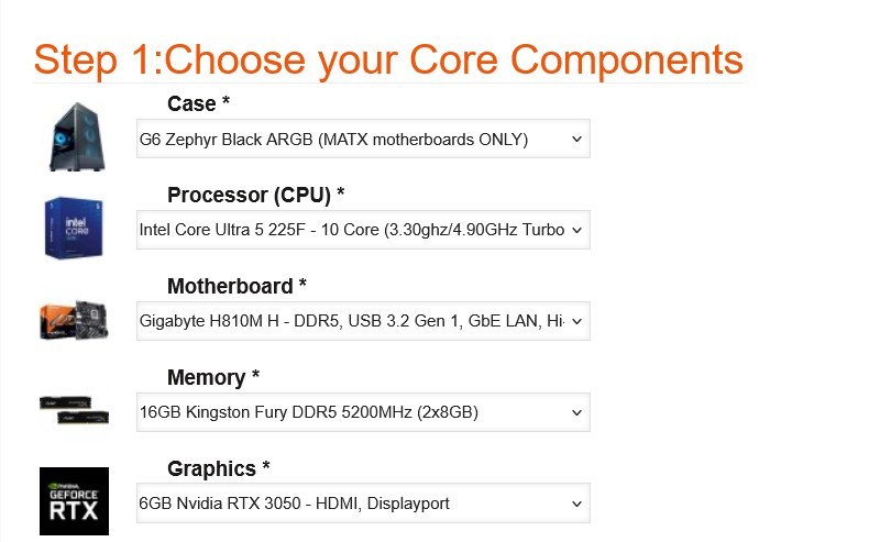Step 1 Core Components of the Intel Core Ultra Custom Gaming PC configurator